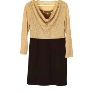 Gold & Brown Dress Retro Vintage Beaded Cowl Neck Midi w/ Long Sleeves